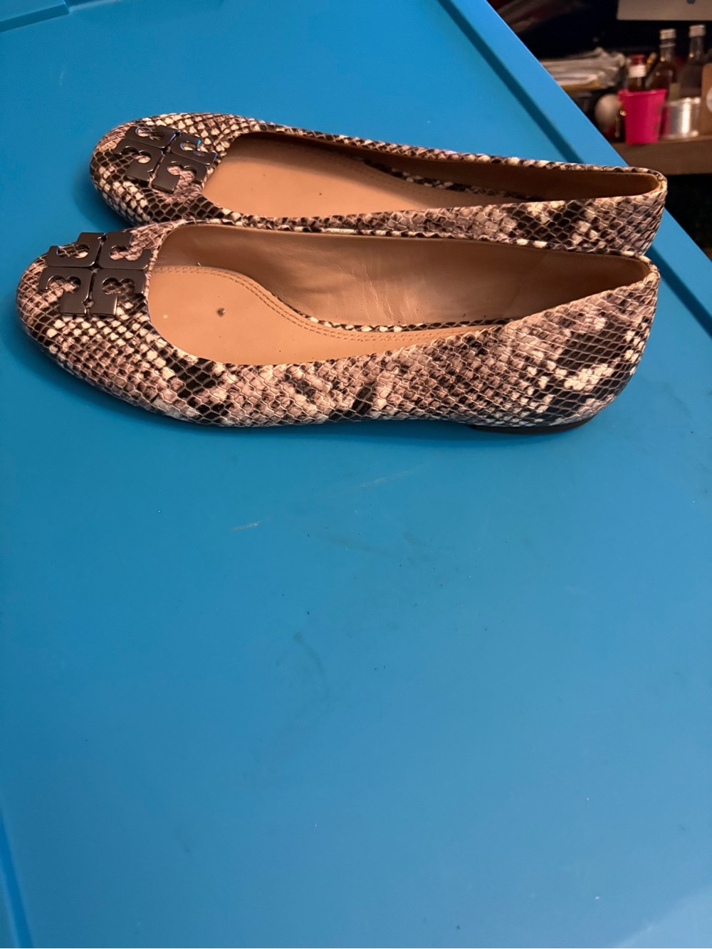 Tory Burch Snake-Print Ballet Flats in Black and White